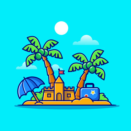 夏威夷沙滩夏日 沙滩城堡和椰子树卡通阳光伞卡通