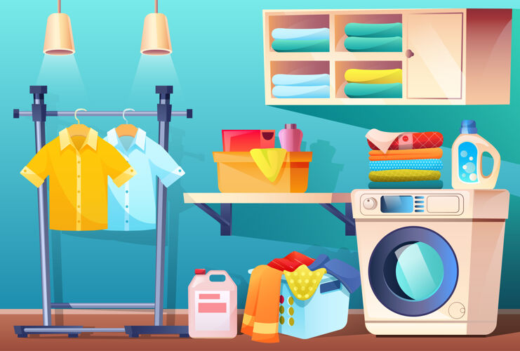 脏洗衣房有干净或脏的衣服和设备和家具浴室有东西洗衣机篮子脏染色亚麻货架毛巾和洗涤剂卡通插图灯清洁粉末
