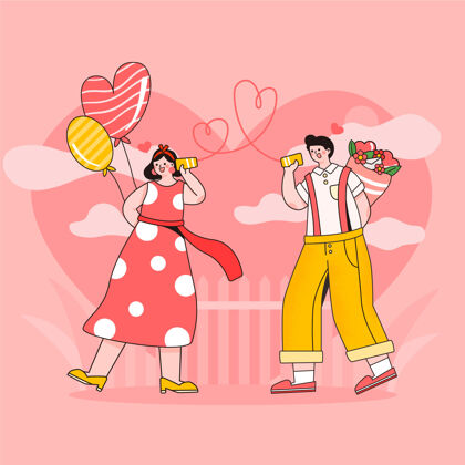 公寓平面浪漫夫妇插图与气球和鲜花感情礼物一起