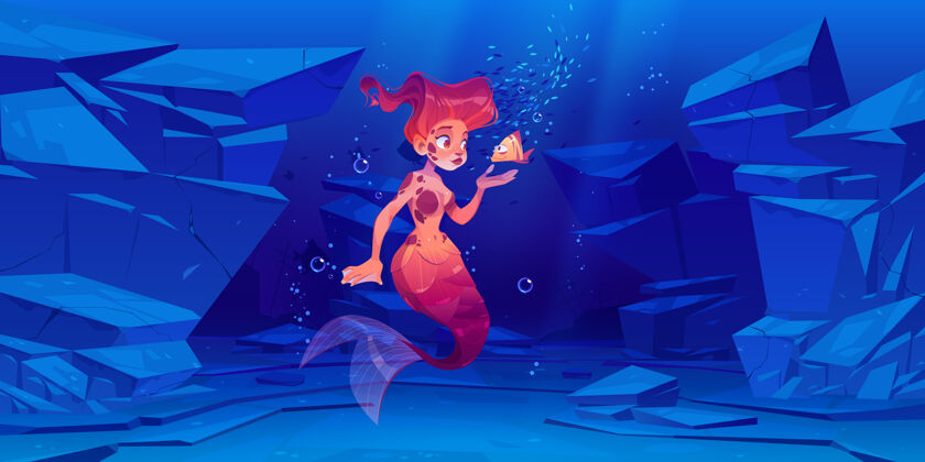 女性可爱的美人鱼和小鱼在水下的海洋神话底部尾巴