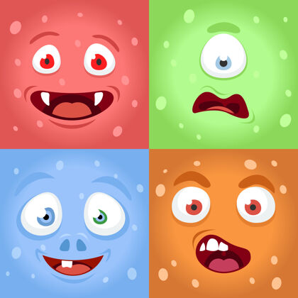 五颜六色卡通怪物脸怪物表情脸人物插图集牙齿表情平面