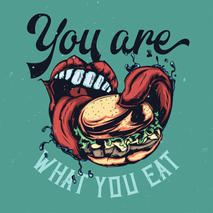 美味大嘴吃大汉堡的插图 上面有字母用餐快餐营养