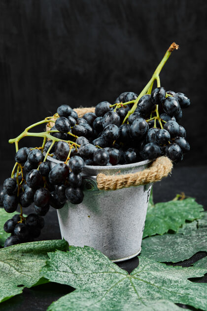 农业一桶黑葡萄 深色背景上有叶子高质量的照片优雅潮湿健康