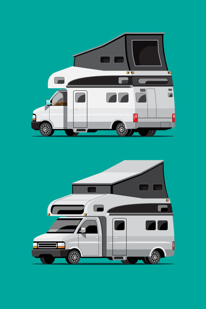 旅行一套白色露营拖车 旅行移动房屋或大篷车上的绿色背景 孤立的平面插图移动旅游度假