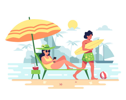 毛巾情侣们在沙滩上享受假期泳装海星岛