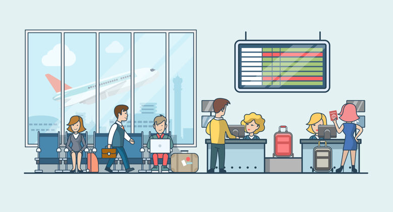 飞机机场候机大厅和航班登记行李条纹插图公共交通概念机场薄屏幕