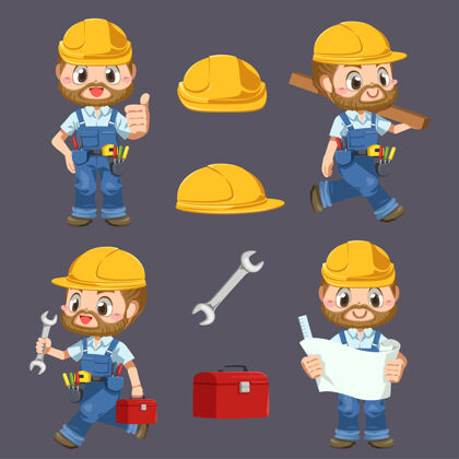 勤杂工工人男子身穿制服 手持工具头盔 卡通人物 孤立平面插图助理修理工工具