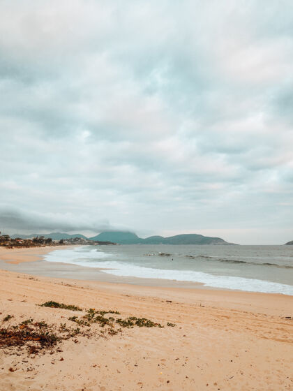 沙滩巴西里约热内卢多云的天空下被大海包围的海滩的垂直镜头垂直海天空