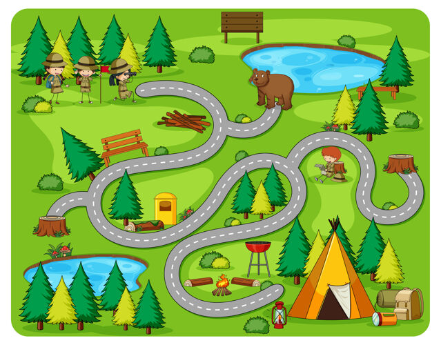 路径可爱的卡通迷宫游戏模板路露营路