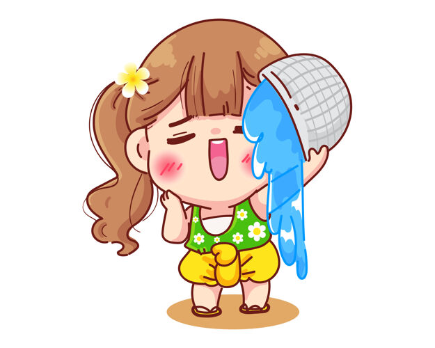 传统泰国泼水泼水节泰国卡通插画标志女孩湿女孩女人