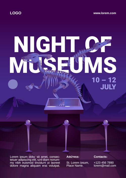事件博物馆之夜卡通传单模板与恐龙化石骨骼展览骨头灭绝博物馆