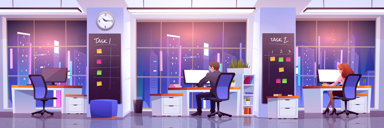 商人上班族在晚上上班商务人士坐在办公桌前用电脑工作室内窗口截止日期