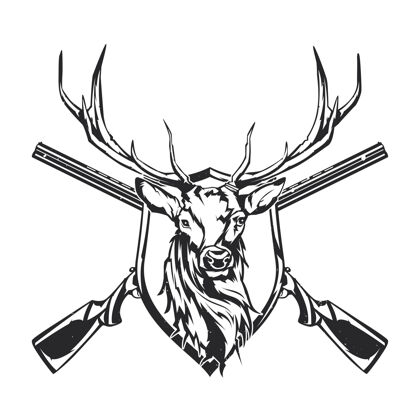 通缉两支步枪和鹿头的单独插图猎人设计绘图