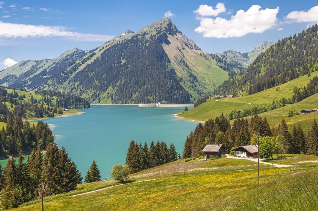 美丽美丽的风景湖环山在隆林湖和大坝瑞士 瑞士船水森林