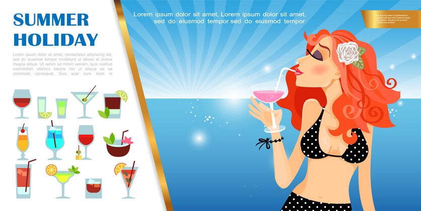 鸡尾酒平面暑假模板与美女啜饮鸡尾酒的海洋景观和酒精饮料集插图 大海公寓酒精