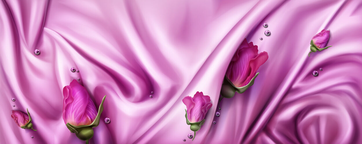 花瓣抽象的背景与粉红色丝绸布和玫瑰花蕾优雅光滑花