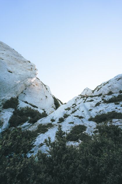 多云低角度拍摄被深绿色热带树木环绕的白色悬崖岩石自然山
