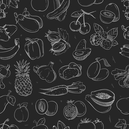 美味白色涂鸦蔬菜水果隔离黑板上的无缝图案蔬菜胡椒饮食