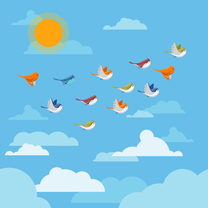 优雅卡通空中飞鸟与云和太阳插图自由团体抽象