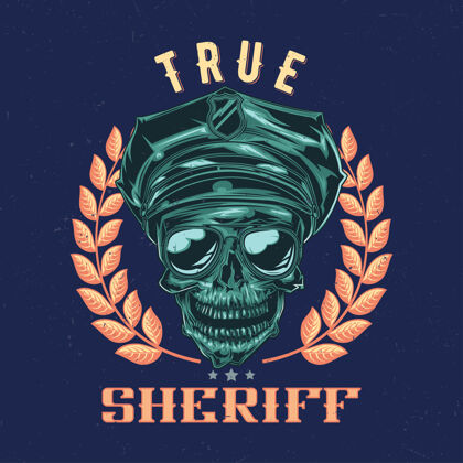 骷髅T恤标签设计与头骨插图在警察帽和太阳镜野蛮帽子服务