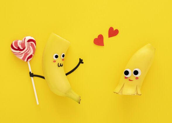 美食顶视图可爱的棒棒糖香蕉香蕉排列水平