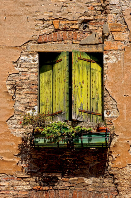 油漆绿色的木窗开放城市建筑