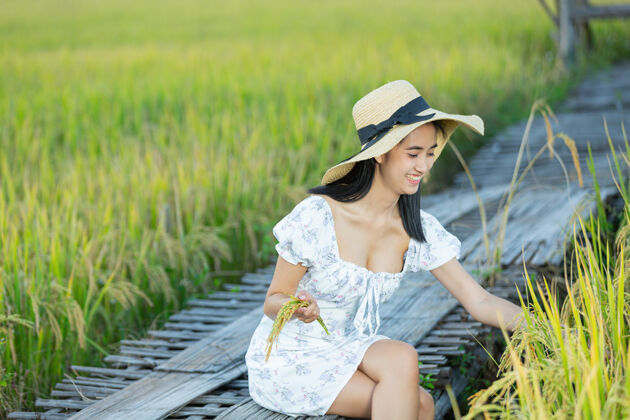 草美丽的亚洲女人在稻田里尽情享受自然自由女孩