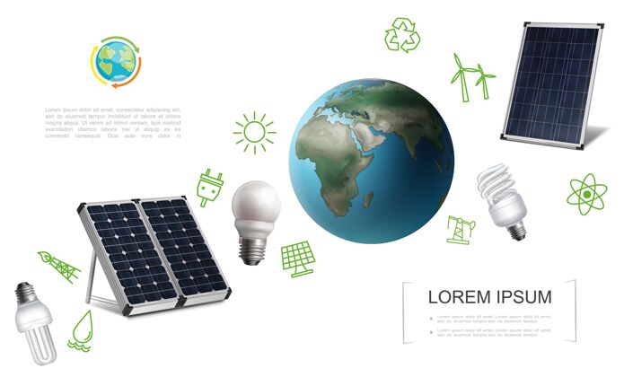 现实现实节能模板与地球太阳能电池板灯泡电力和能源绿色图标面板灯泡回收