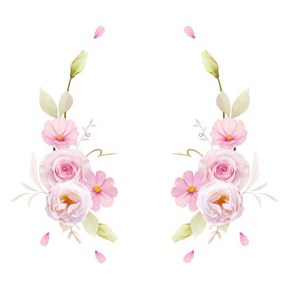 形状美丽的花环与水彩粉红玫瑰框架花花