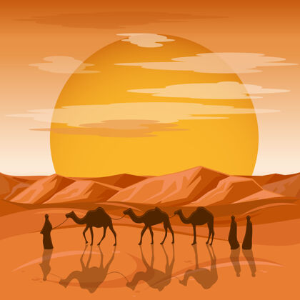 沙漠沙漠背景中的大篷车沙漠中的阿拉伯人和骆驼的剪影骆驼的大篷车 骆驼的剪影旅行到沙漠的插图人类背景天空