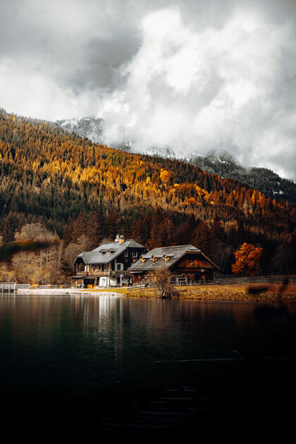 树湖边白棕色的房子 白云蓝天下绿树成荫乡村奥地利冷杉