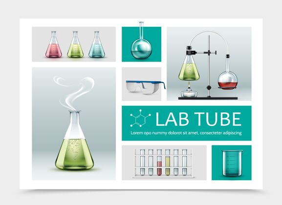 实验室真实的实验室设备组成与全管烧杯保护眼镜和化学反应测试使用烧瓶和酒精燃烧器绿色红色液体