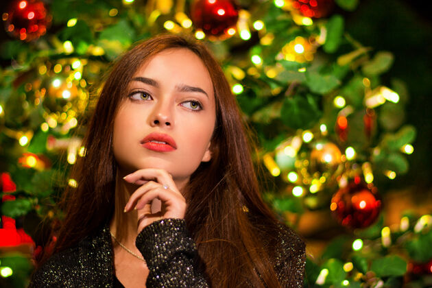闪亮一个美丽的年轻女士在圣诞树前的特写镜头庆祝节日女人
