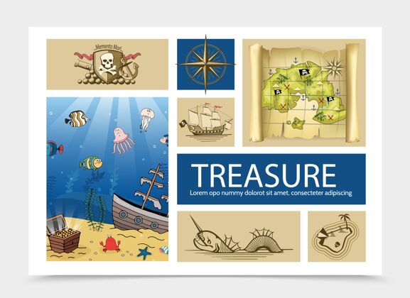 收藏手绘珍宝组成骷髅和十字骨标志老指南针船海盗地图海怪岛胸部在海底完整硬币水下
