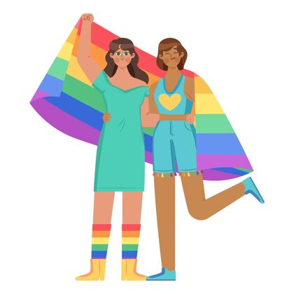 女人美丽的同性恋夫妇与lgbt旗帜插图情侣浪漫关系