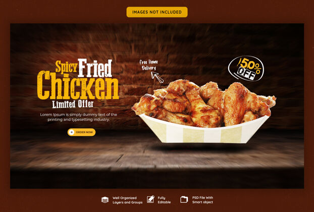 网页横幅食物菜单和餐厅网页横幅模板炸鸡食物汉堡