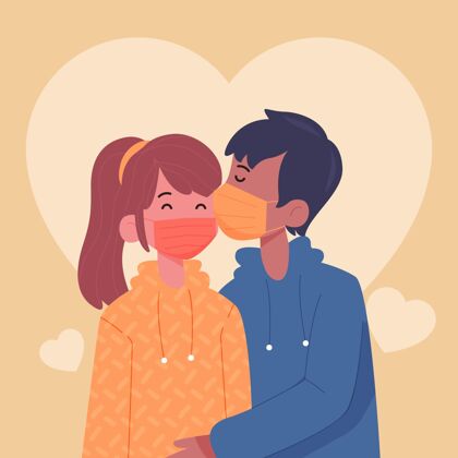 亲吻手绘情侣用covid面具接吻插图感情关系情侣