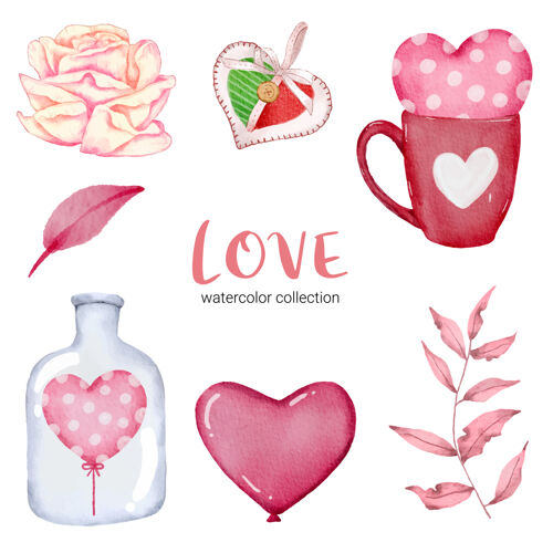 羽毛套大孤立的水彩情人节概念元素可爱浪漫的红粉心形装饰 插画瓶子收藏信