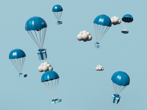 订购三维插图礼品盒与降落伞在空中飞行网上购物和送货服务的概念商业营销插图