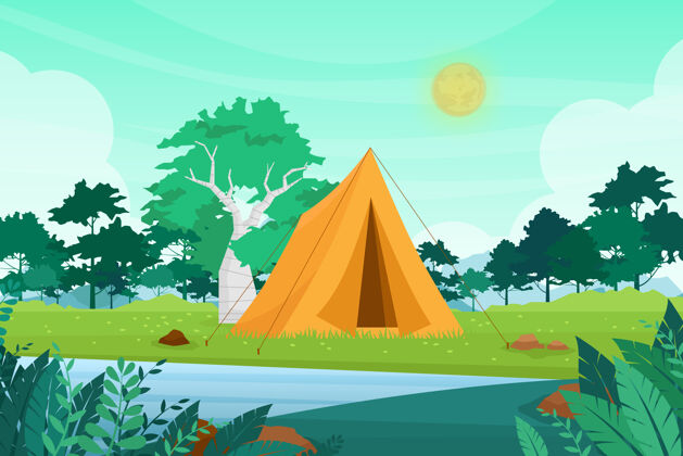 景观户外自然探险露营插图卡通平坦的旅游营地与野餐地点和帐篷之间的森林 山地景观绿色湖泊休闲