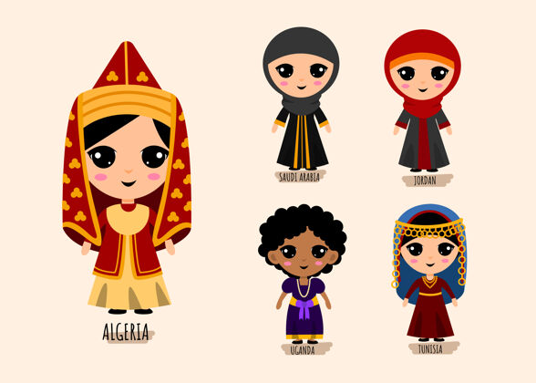 多样性集人们对西亚传统服饰卡通人物 女性民族服饰的收藏理念 孤立的平面插画孩子卡通地区