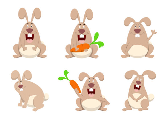 可爱可爱的兔子和胡萝卜字符收集捆绑宠物画设置
