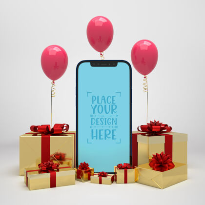 礼物手机周围都是礼物和气球丝带活动手机