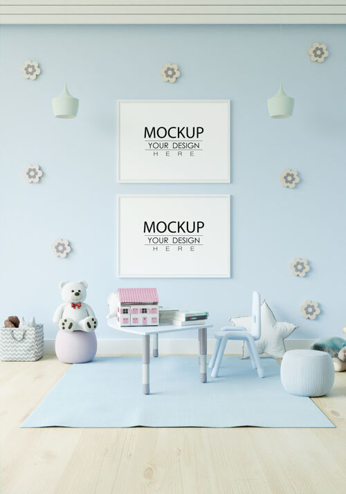空儿童卧室模型中的海报框架舒适墙模型