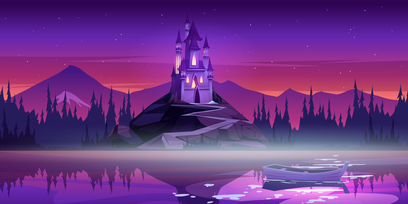 山山顶上的魔幻城堡 靠近码头 黄昏时水面上有小船卡通夜晚水