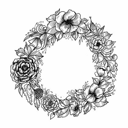 装饰美丽的婚礼圆形花框素描设计蔬菜开花植物学