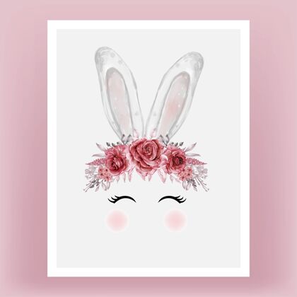 装饰兔子头水彩花红色栗色手绘插图手动物可爱