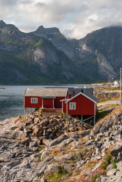 海岸线垂直拍摄的红色别墅在哈姆尼海岸线 罗弗顿群岛 挪威挪威岛屿斯堪的纳维亚