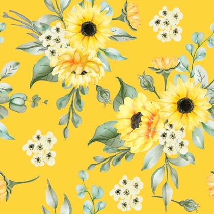 水彩画美丽的太阳花和叶子的无缝模式装饰黄色水彩画