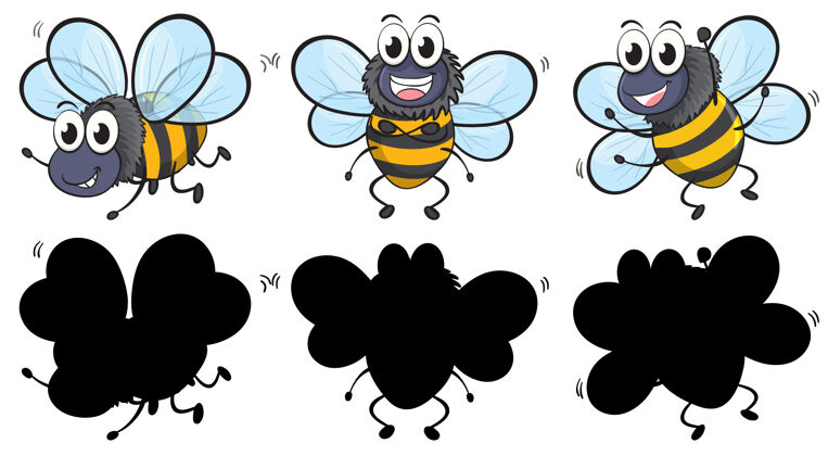 腿可爱的蜜蜂在三个位置与它的剪影白色背景毛骨悚然的爬虫动物场景